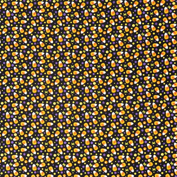 Singer, 100% Cotton, Candy Corn And Purple Dots On Blk, Cut by Yard