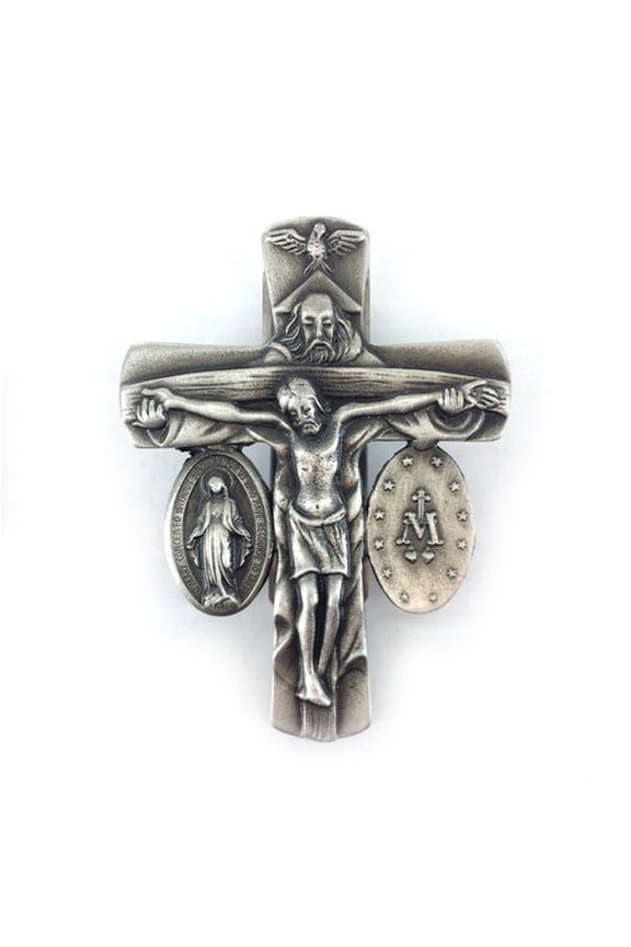 2-3/4 Inch Antique Pewter Trinity Crucifix and Miraculous Visor Clip | New Driver Gift | Antiqued Finish | Style Trinity, Miraculous