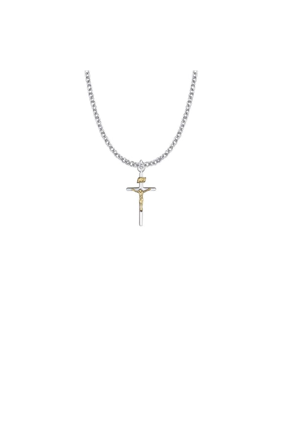 7/8 Inch Two-Tone Sterling Silver Stick Crucifix Necklace