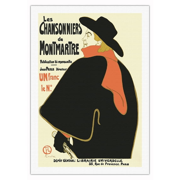 Singer Aristide Bruant - Les Chansonniers de Montmartre (Bi-Monthly Song Book) - Vintage Music Poster by Henri de Toulouse-Lautrec c.1893 - Fine Art Rolled Canvas Print (Unframed) 27in x 40in
