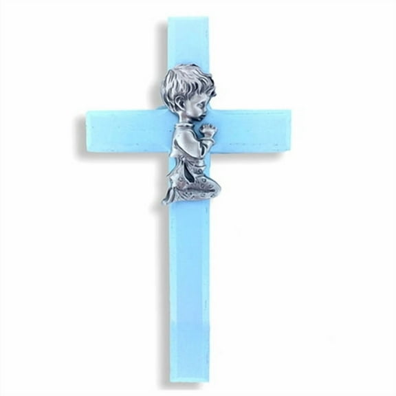 Singer Boy's 6-3/4 Inch Painted Blue Wood Praying Boy Wall Cross | Made in USA | Color Light Blue|Silver