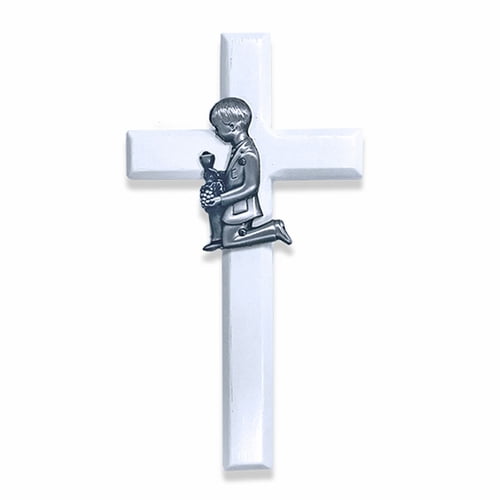 Singer Boy's 6-3/4 Inch Painted White Wood First Communion Boy Wall Cross | Made in USA | Color White|Silver