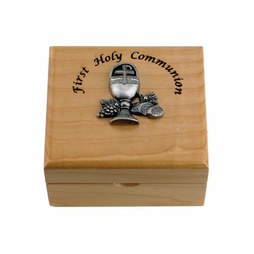 Singer Child's 4-3/4 x 4-1/4 x 2-3/4 Inch First Holy Communion Maple Wood Keepsake Box | Size 4.25" x 2.25" | Material Wood|Pewter | Style Communion, Chalice