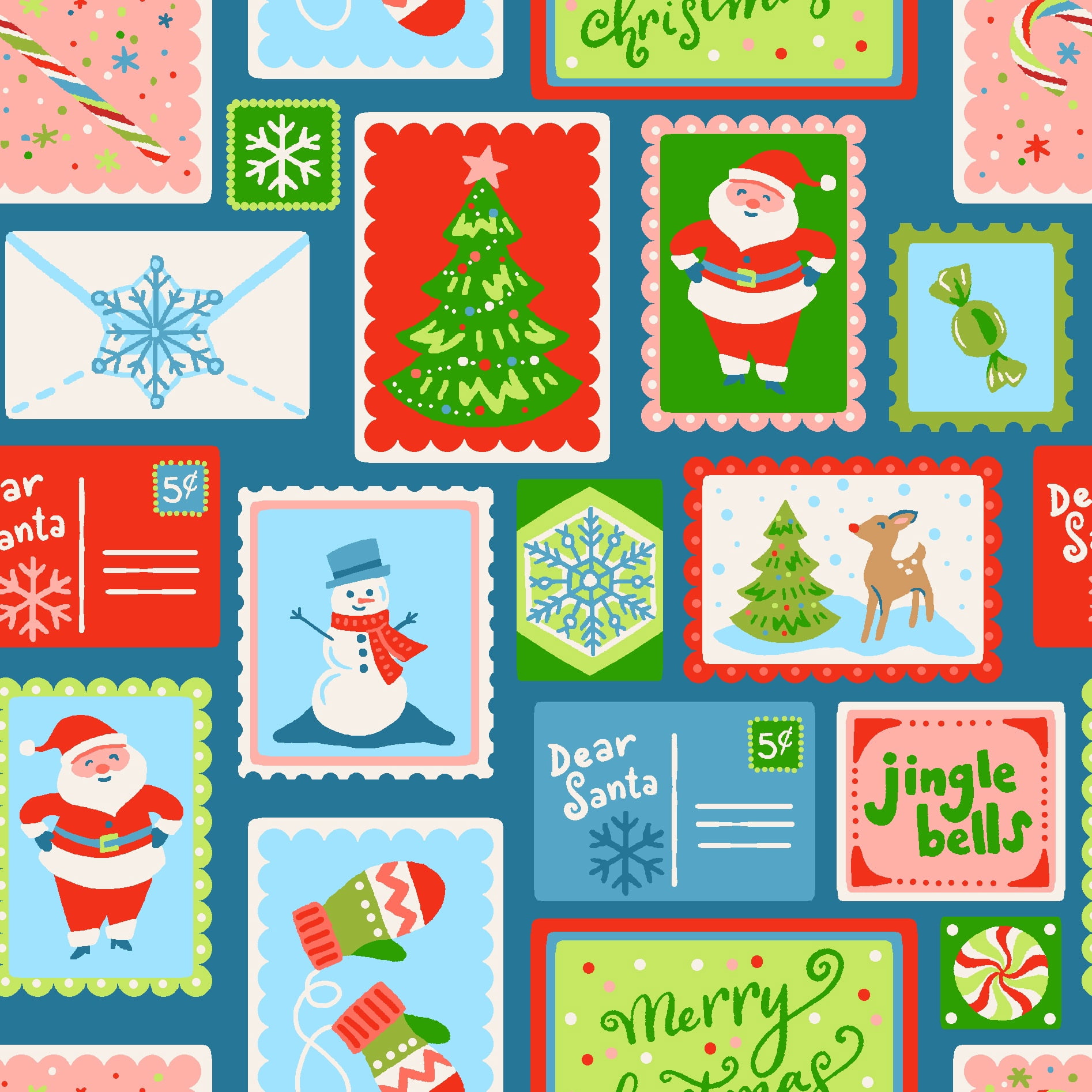 Singer Cotton Print Fabric, 100% Cotton, 1 Yard Precut, Postcard From Santa