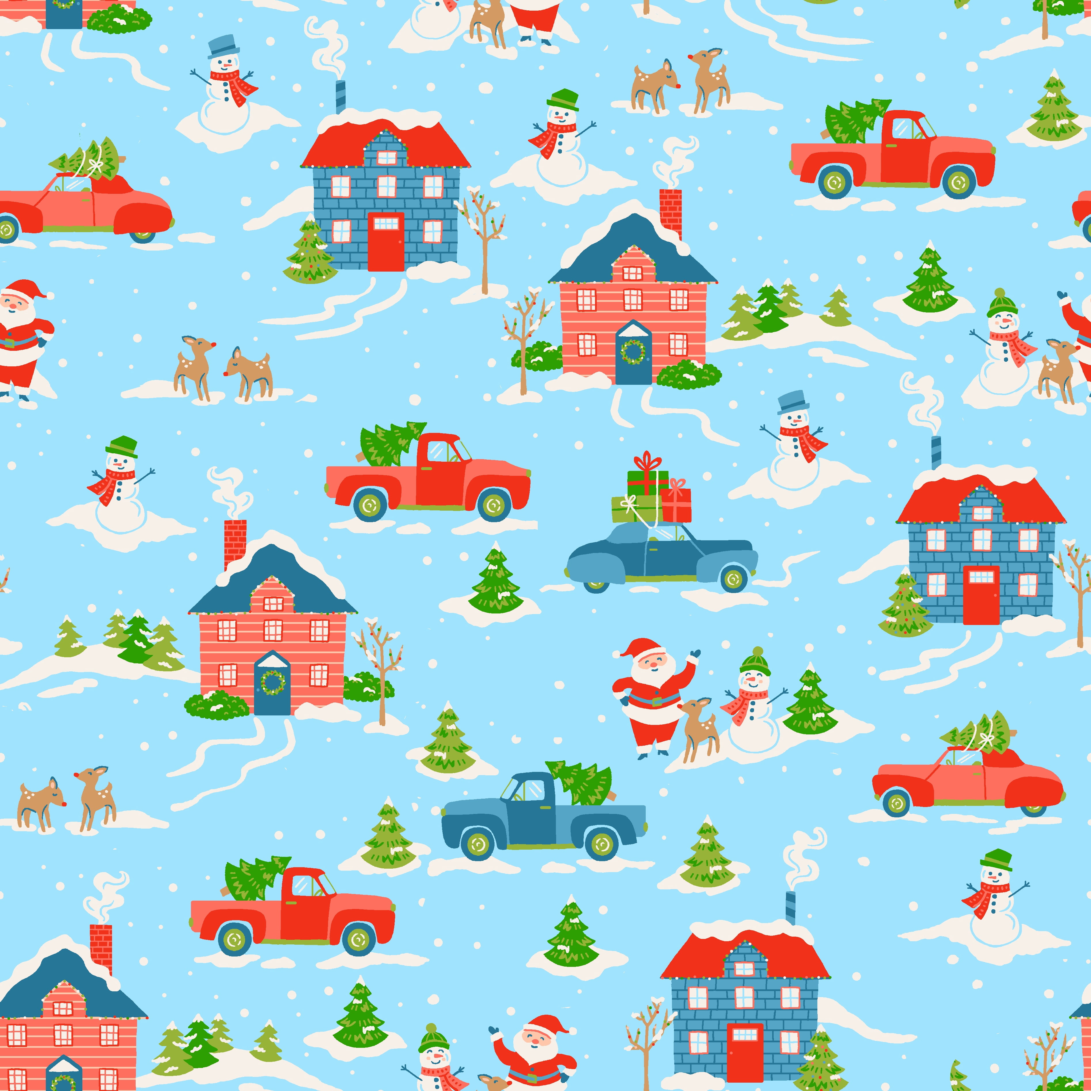 Singer Cotton Print Fabric, 100% Cotton, 1 Yard Precut, Santas Village Blue