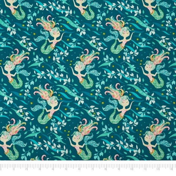 Singer Fabrics, 100% Cotton Print, Craft Quilting, 44 Inch, Green Mermaid by Denise Palmer, 5 Yard Precut
