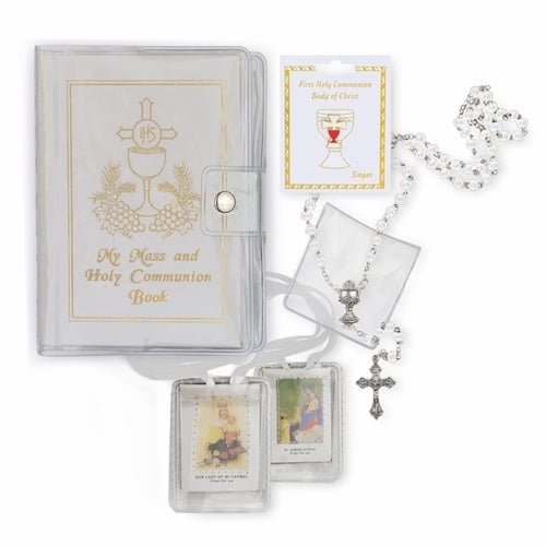 Singer Girl Girl's Communion Set with White Mass Book, Cloth Scapular, Rosary, and Pin