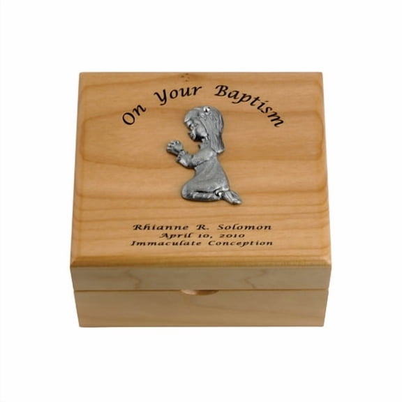 Singer Girl's 4-3/4 x 4-1/4 x 2-3/4 Inch Baby Girl Baptism Maple Wood Keepsake Box | Size 4.25" x 2.25" | Material Wood|Pewter | Style Baptism