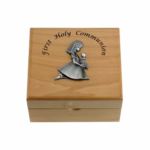 Singer Girl's 4-3/4 x 4-1/4 x 2-3/4 Inch Girl First Communion Maple Wood Keepsake Box | Size 4.25" x 2.25" | Material Wood|Pewter | Style Communion