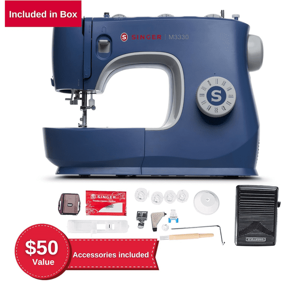 SINGER® M3330 Navy Blue Sewing Machine with Accessories , 23 built-in Stitches Deliver 97 Stitch Applications , 1-Step Buttonhole, Free Arm, LED Light , Portable, Perfect For Beginners