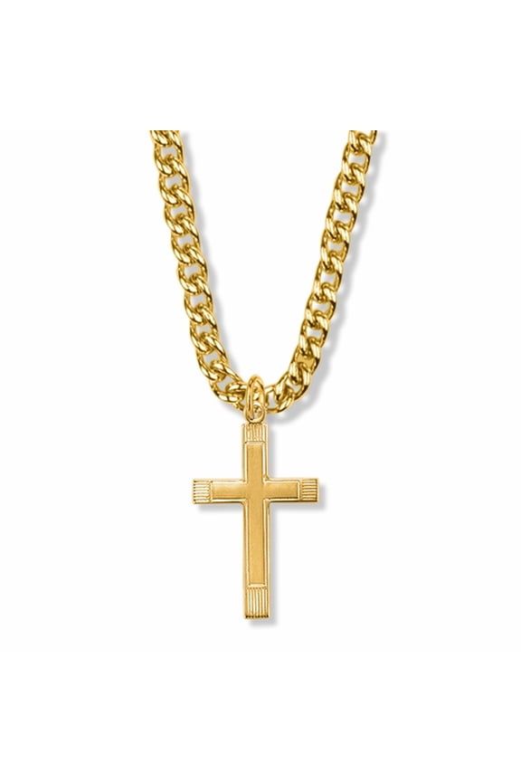 Men's 1-1/4 Inch 14K Gold Over Sterling Silver Lined Inner Cross Necklace with Stainless Steel Gold Plated 24" Chain, Style Cross