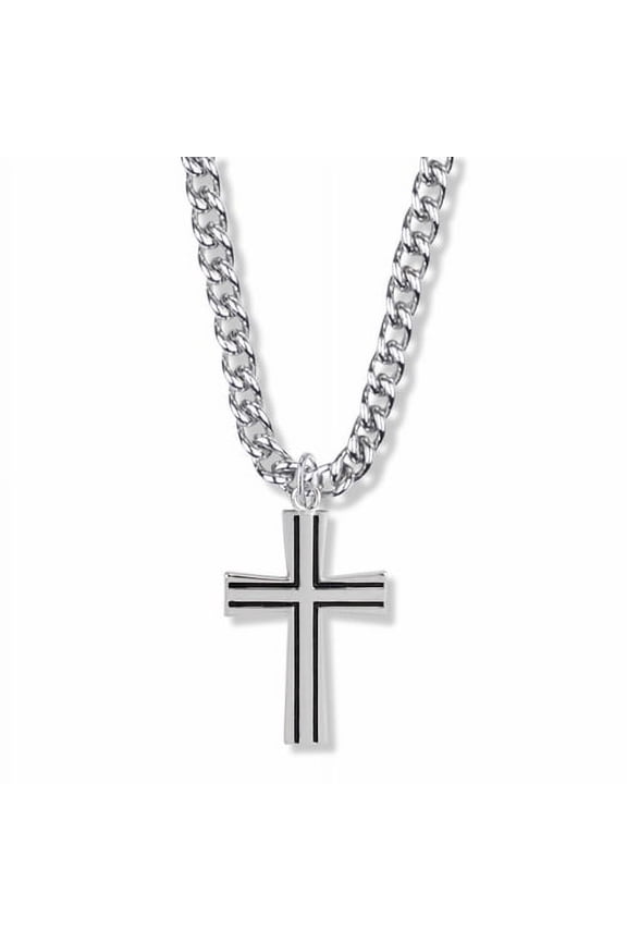 Men's 1-1/4 Inch Sterling Silver Antique with Flared Ends Cross Necklace with Stainless Steel Rhodium Plated 24" Chain, Style Cross