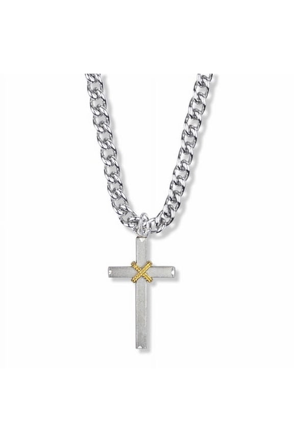 Men's 1-1/4 Inch Two-Tone Sterling Silver Rope Cross Necklace with Stainless Steel Rhodium Plated 24" Chain, Style Cross