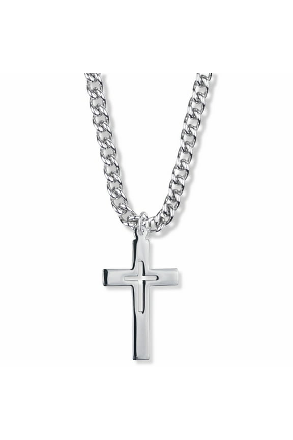 Men's 1-3/8 Inch Sterling Silver Pierced Inner Cross Necklace with Stainless Steel Rhodium Plated 24" Chain, Style Cross