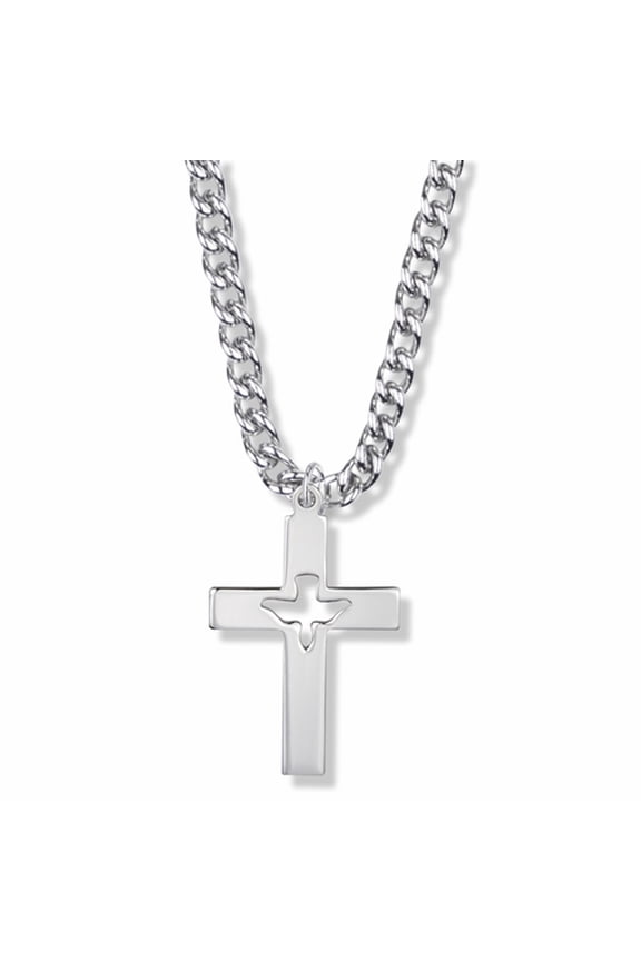Men's 1-3/8 Inch Sterling Silver Pierced and Centered Dove Cross Necklace with Stainless Steel Rhodium Plated 24" Chain, Style Dove, Cross