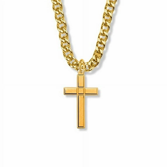 Singer Men's 1-5/16 Inch 14K Gold Filled Engraved Detail Cross Necklace with Stainless Steel Gold Plated 24" Chain, Style Cross