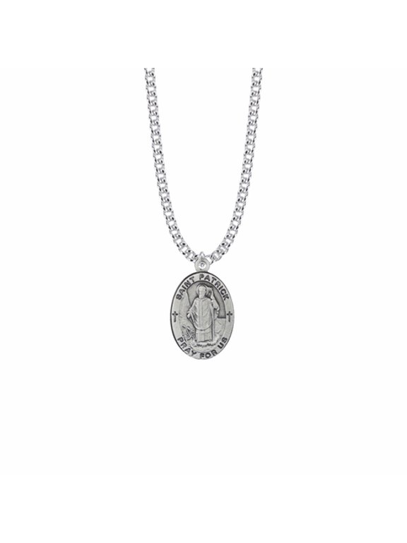Men's 1 Inch Pewter Oval Saint Patrick Medal, Patron Saint of Ireland with Stainless Steel Rhodium Plated 24" Chain, Style Saint