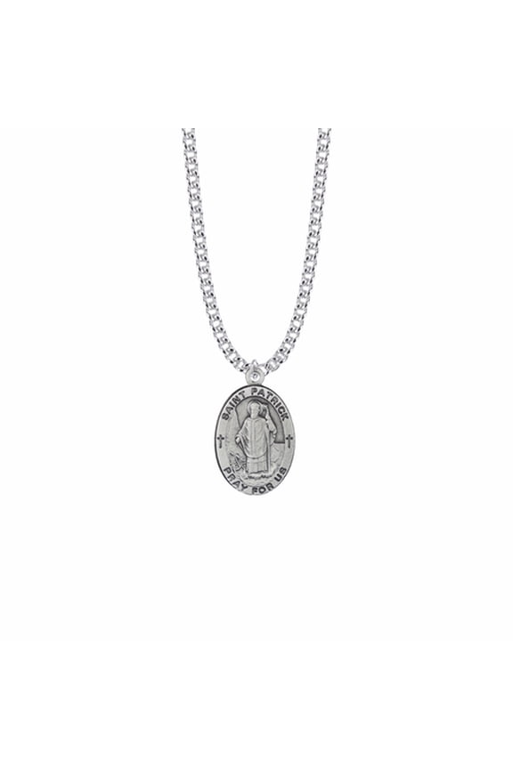 Men's 1 Inch Pewter Oval Saint Patrick Medal, Patron Saint of Ireland with Stainless Steel Rhodium Plated 24" Chain, Style Saint