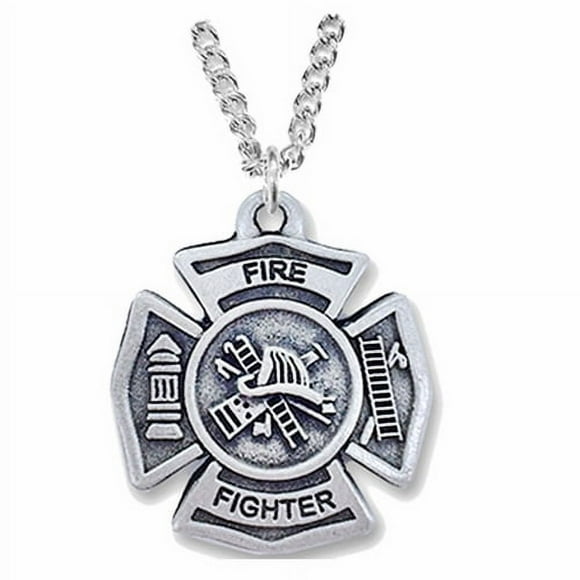 Men's Women's 1-1/8 Inch Pewter Fire Department Maltese Shield Medal with Cross on Back with Stainless Steel Rhodium Plated 18" Chain, Style Fire Department