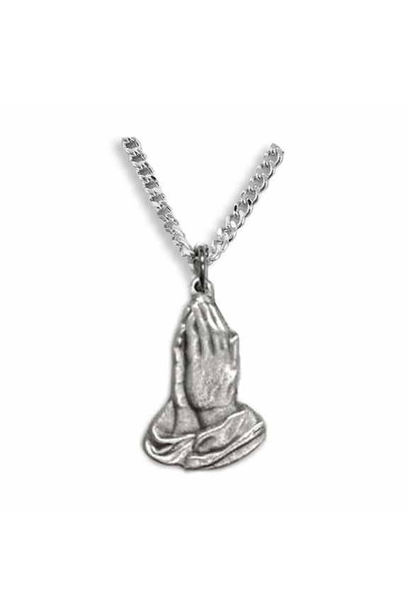 Men's Women's 1 Inch Pewter Serenity Praying Hands Pendant Necklace with Stainless Steel Rhodium Plated 18" Chain, Style Praying
