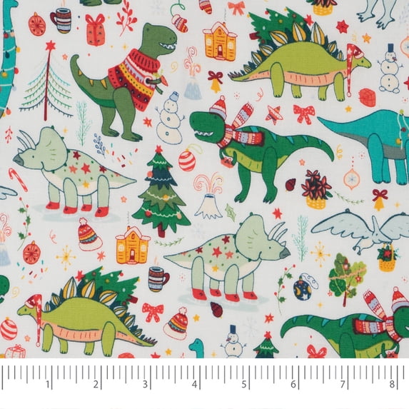 Singer Print Fabric, 100% Premium Cotton, Christmas Festive Dino , 3 Yards