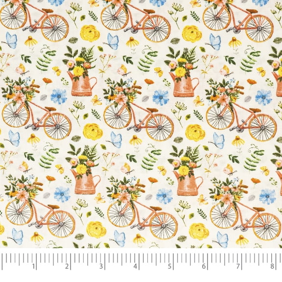 Singer Print Fabric, 100% Premium Cotton, Sewing Quilting, 44 inch, Bikes And Gardening White 3 Yard Cut