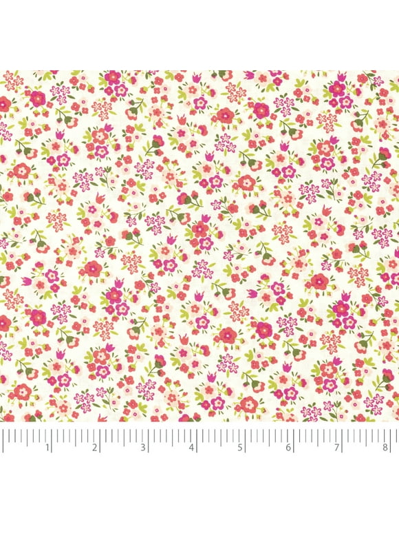 Singer Print Fabric, 100% Premium Cotton, Sewing Quilting, 44 inch, Small Pink Flowers On White 3 Yard Cut