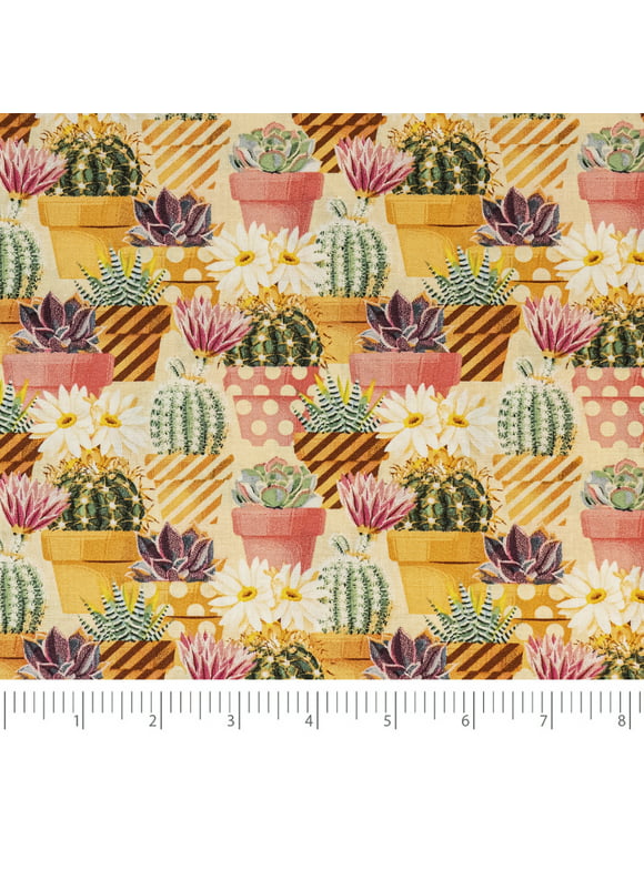 Singer Print Fabric, 100% Premium Cotton, Sewing Quilting, 44 inch, Succulents On Tan 3 Yard Cut