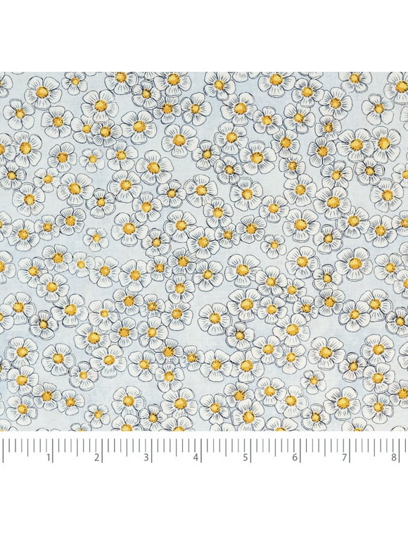 Singer Print Fabric, 100% Premium Cotton, Sewing Quilting, 44 inch, Yellow And Gray Flower On Blue 3 Yard Cut