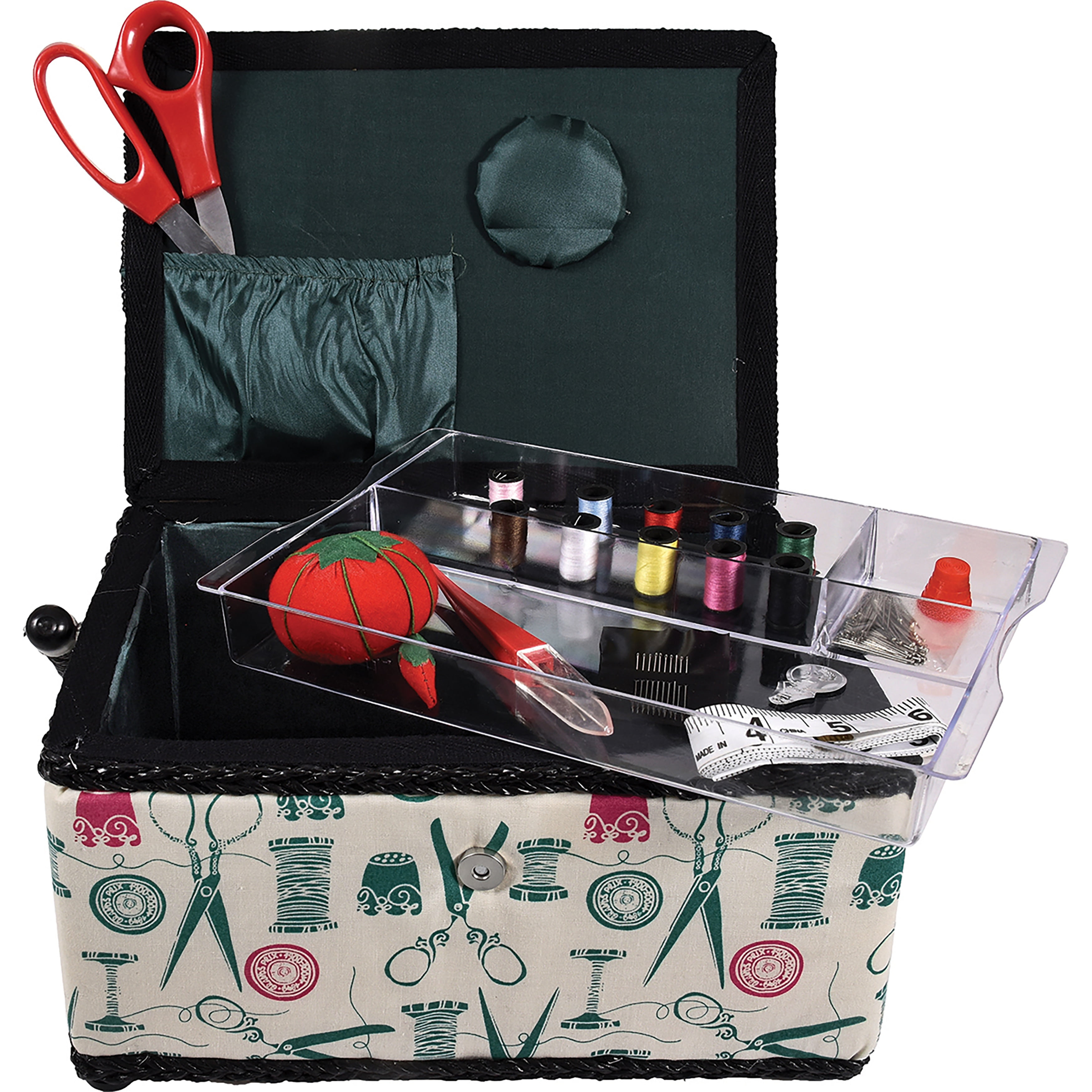 SINGER Large Sewing Basket with 127-Piece Sewing Kit, Vintage Spools Print