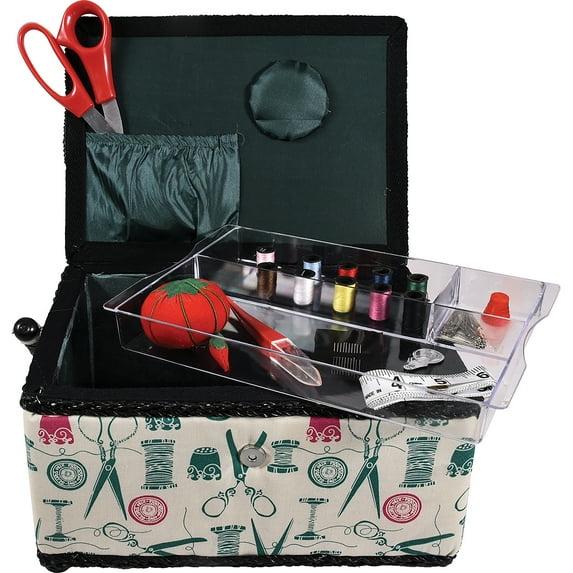SINGER Large Sewing Basket with 127-Piece Sewing Kit, Vintage Spools Print