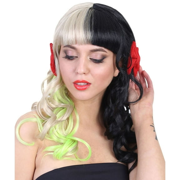 HPO Adult Women’s Green Bob Wig Long Curly Wig with Small Red Bows – Blonde Black and Red Wig | Premium Breathable Capless Cap