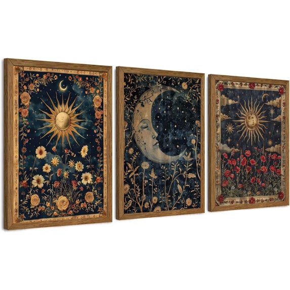 Singg 3 Pieces Gothic Vintage Celestial Canvas Wall Art, Vintage Tarot Canvas Wall Decor, Mysterious Sky Astrology Picture Poster Prints for Living room Bedroom Office Decores