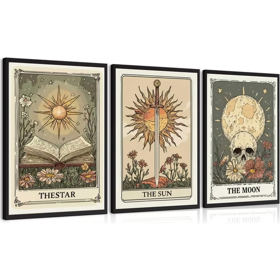 Singg 3Pcs Tarot Card Wall Art Boho Celestial Bodies Sun Moon Star Painting Picture Wall Decor Vintage Skull Book Flowers Sword Poster Printing Artwork for Living Room Bedroom