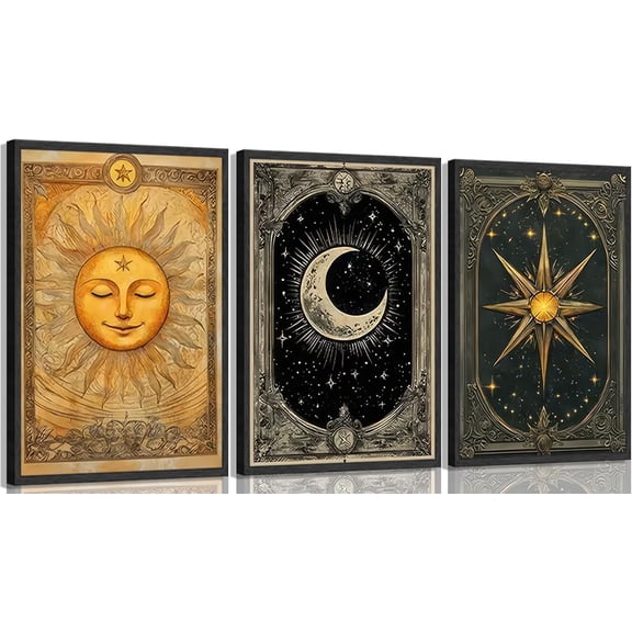 Singg 3pcs Sun Moon and Star Tarot Card Wall Art Vintage Celestial Posters Artwork Gothic Astrology Painting Pictures Wall Decor for Bedroom Living Room Study Room Home Decoration Unframed