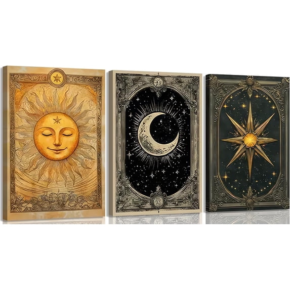 Singg 3pcs Sun Moon and Star Tarot Card Wall Art Vintage Celestial Posters Artwork Gothic Astrology Painting Pictures Wall Decor for Bedroom Living Room Study Room Home Decoration Unframed