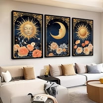 Singg Celestial Sun and Moon Canvas Wall Art Set, Boho Cosmic Starry Night Canvas Print, Sun Face Wall Art, Vintage Floral Pictures, Mystical Astrology Decor for Living Room