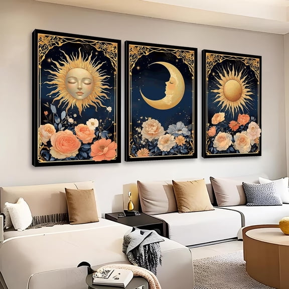 Singg Celestial Sun and Moon Canvas Wall Art Set, Boho Cosmic Starry Night Canvas Print, Sun Face Wall Art, Vintage Floral Pictures, Mystical Astrology Decor for Living Room