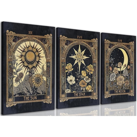 Singg Sun Moon Star Tarot Card Canvas Wall Art Set of 3, Vintage Gothic Celestial Pictures Prints, Mystical Astrology Paintings, Witchy Dark Academia Wall Decor, Bedroom Living Room Office