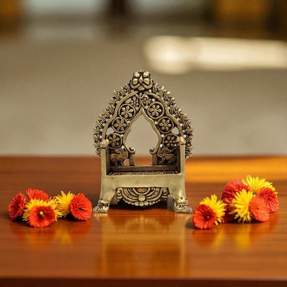 NATRIEL Handmade Vintage Brass Temple Throne Chair for God, Decorative Prayer Room Singhasan with Floral Design, Antique Gold, Laddu Gopal JI (8x10x14 Cm)