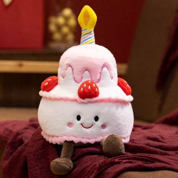 Singing Birthday Cake Plush with Rainbow Strawberry Design for Celebration Gifting Display