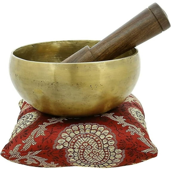 Singing Bowl Brass Musical Instruments Tibetan Buddhist Bell Metal for Meditation Prayer with Stick and Cushion 5 Inch