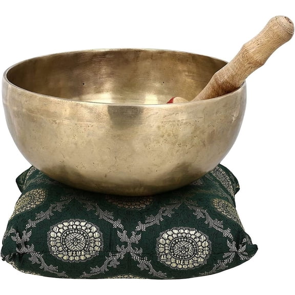 Singing Bowl Brass Musical Instruments Tibetan Buddhist Bell Metal for Meditation Prayer with Stick and Cushion 8 Inch