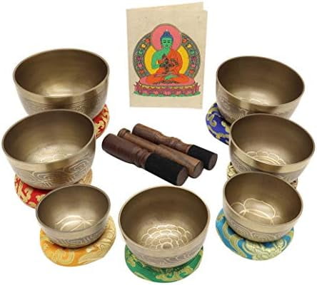 Singing Bowl Set of 7, Thadobati Design Himalayan Sound Bowl, Handcrafted, Hand hammered, Comes w/silk cushions, 3 sticks, Buddhist card, Brocade Box Ideal for Meditation, Yoga, Mindfulness Healing