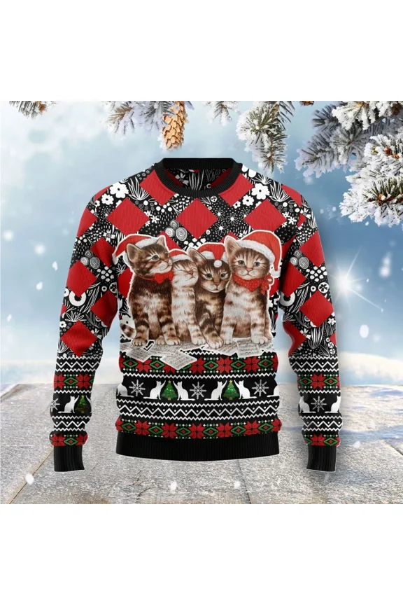 Singing Cats Kitten Ugly Christmas Sweater for Unisex, Funny Singing Cat Holiday Pullover, Cute Kitty Xmas Sweater Gift