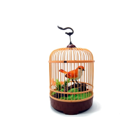 Singing & Chirping Bird In Cage - Realistic Sounds & Movements (Orange) Toy or Gift