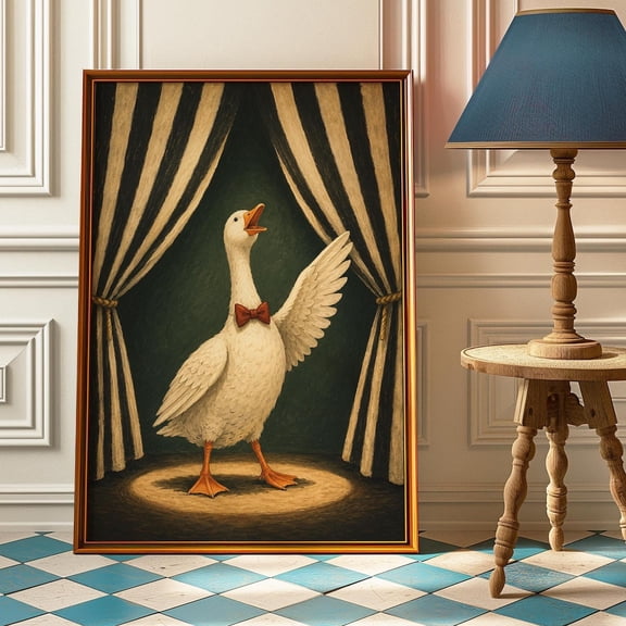 Singing Duck Vintage Performer Goose Whimsical Stage Curtain Eclectic Living Room Poster Unframed Paper Print