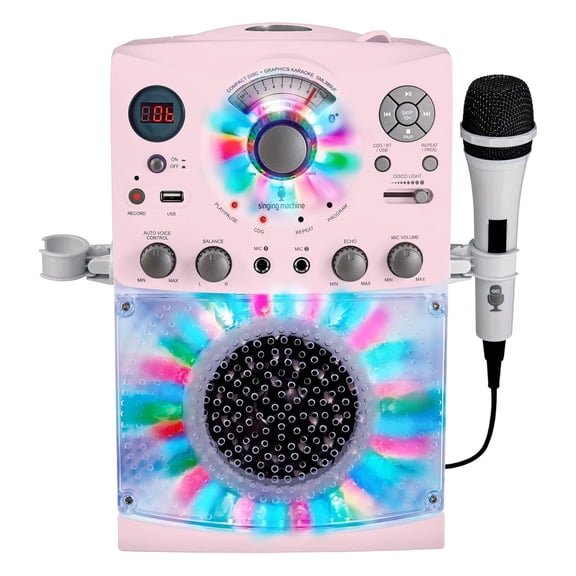 Singing Machine SML385UP Bluetooth Karaoke System with LED Disco Lights, CD+G, USB, and Microphone, Pink