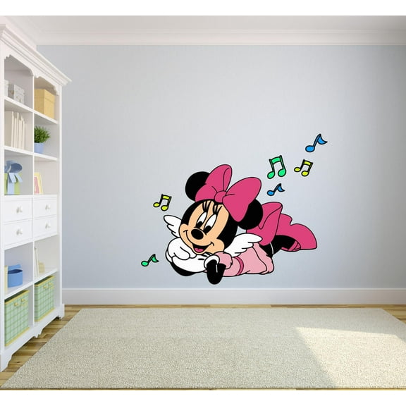 Singing Minnie Mouse Pink Dress Cartoon Character Graphic Decal Sticker Vinyl Mural Baby Kids Room Bedroom Nursery Kindergarten School House Home Wall Art Design Removable Peel and Stick 20x12 inch