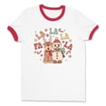 thumbnail image 1 of Singing Snowman and Reindeer Ringer Tee Shirt Unisex Medium White/Red, 1 of 5